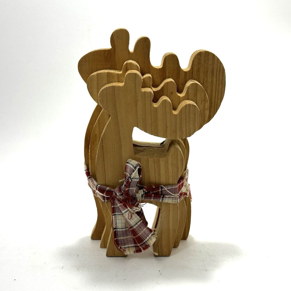 Wooden Moose Family Set of 3 Rustic Lodge Cabin Christmas Decor Plaid Bow